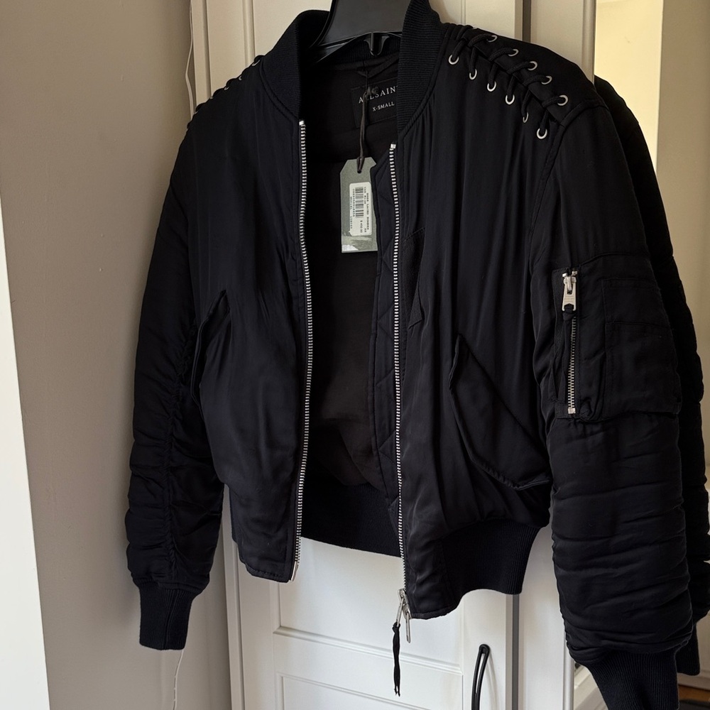 All Saints Black ruched Bomber Jacket with Silver Accents